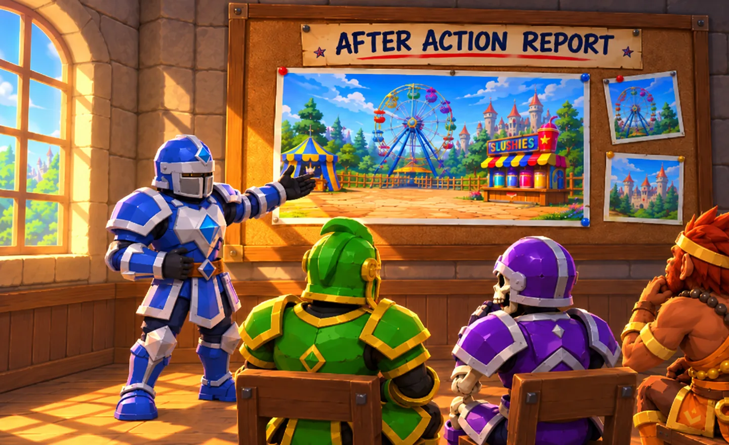 A Minion Management loading screen: knights and minions at a briefing